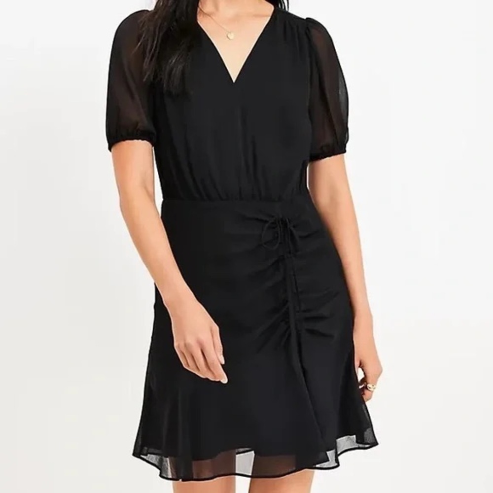 LOFT Black Side Ruched Flare Dress - Size 14 | Elegant & Flattering